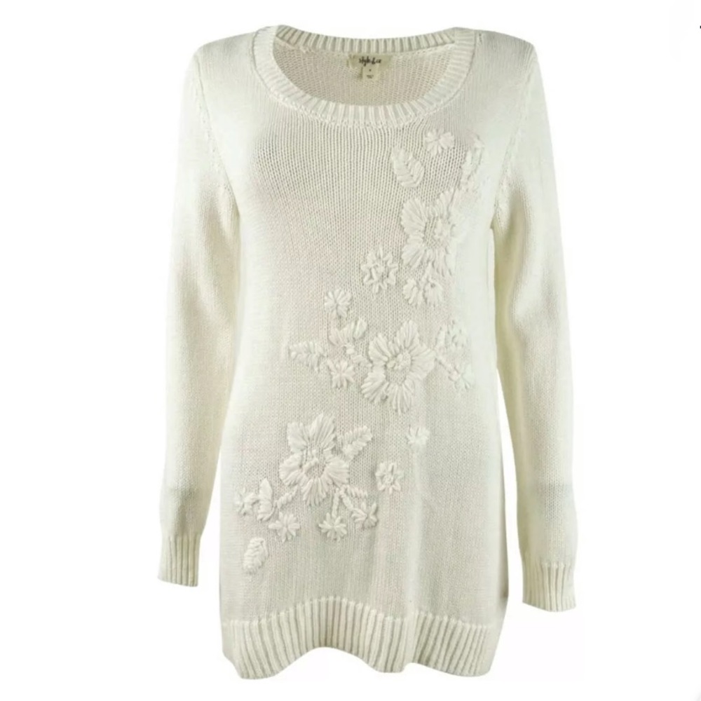 Style & CoFloral Embroidered Long Sleeves Sweater